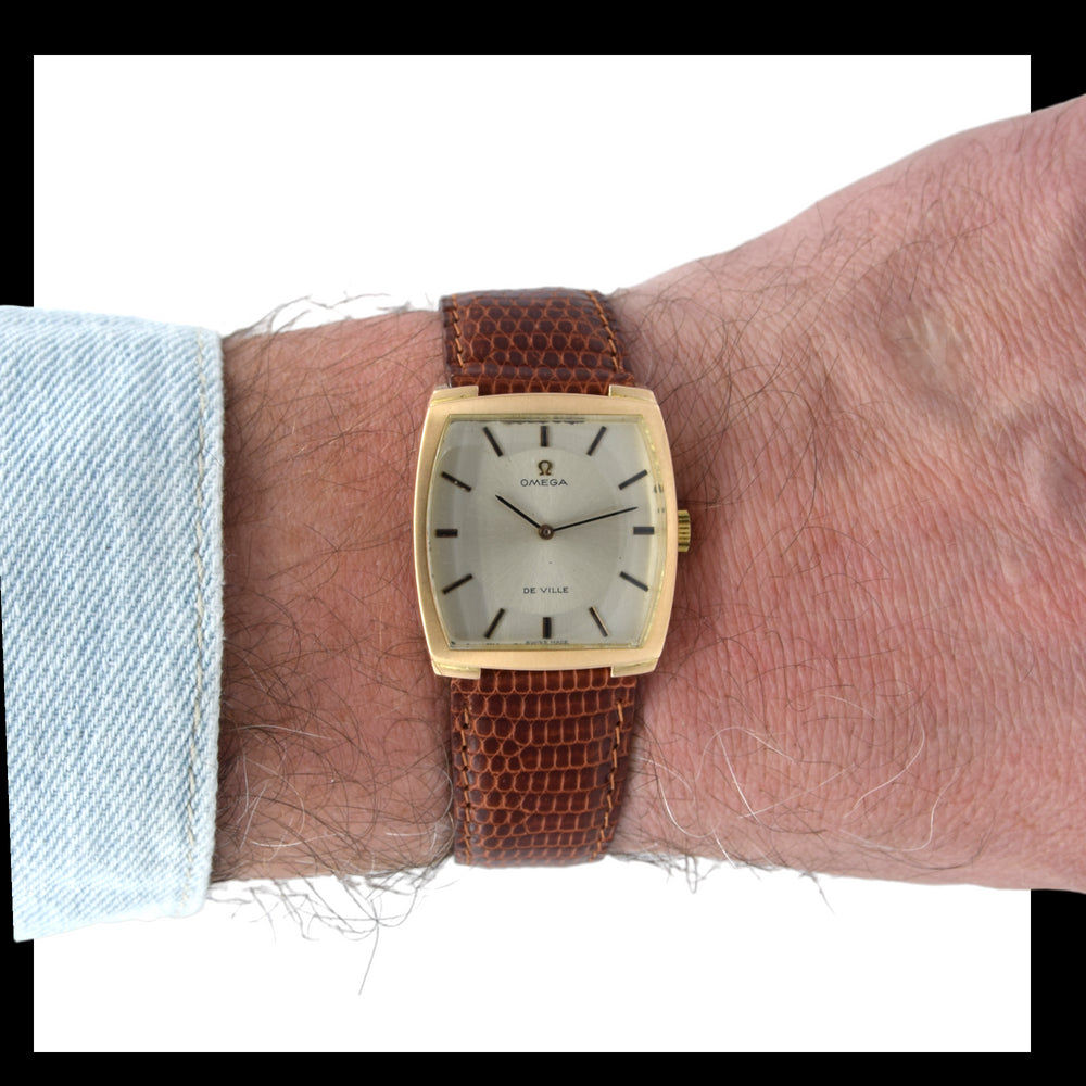 1968 Omega De Ville Unusual solid 18k Gold Tonneau Wristwatch Model 111.084 with sunbeam dial