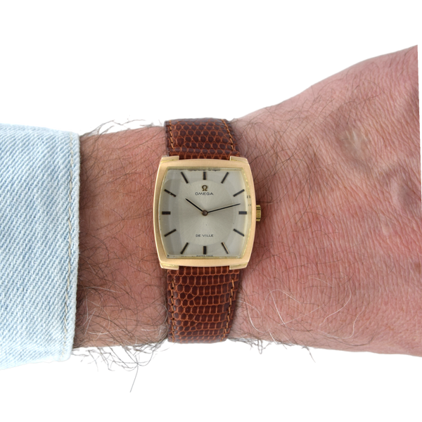 1968 Omega De Ville Unusual solid 18k Gold Tonneau Wristwatch Model 111.084 with sunbeam dial