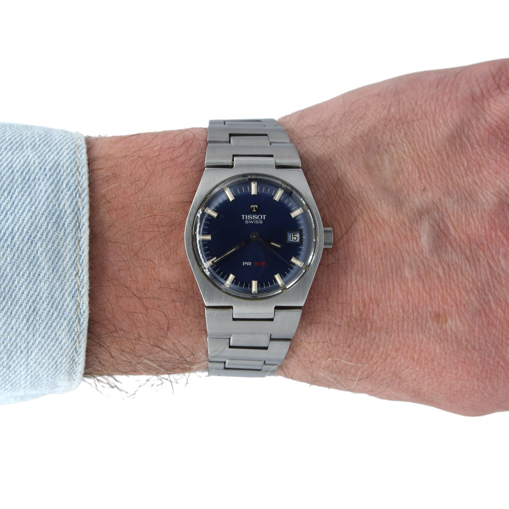 1972 Tissot PR516 Date Wristwatch Model 42630 in Stainless Steel with beautiful satin Blue Dial