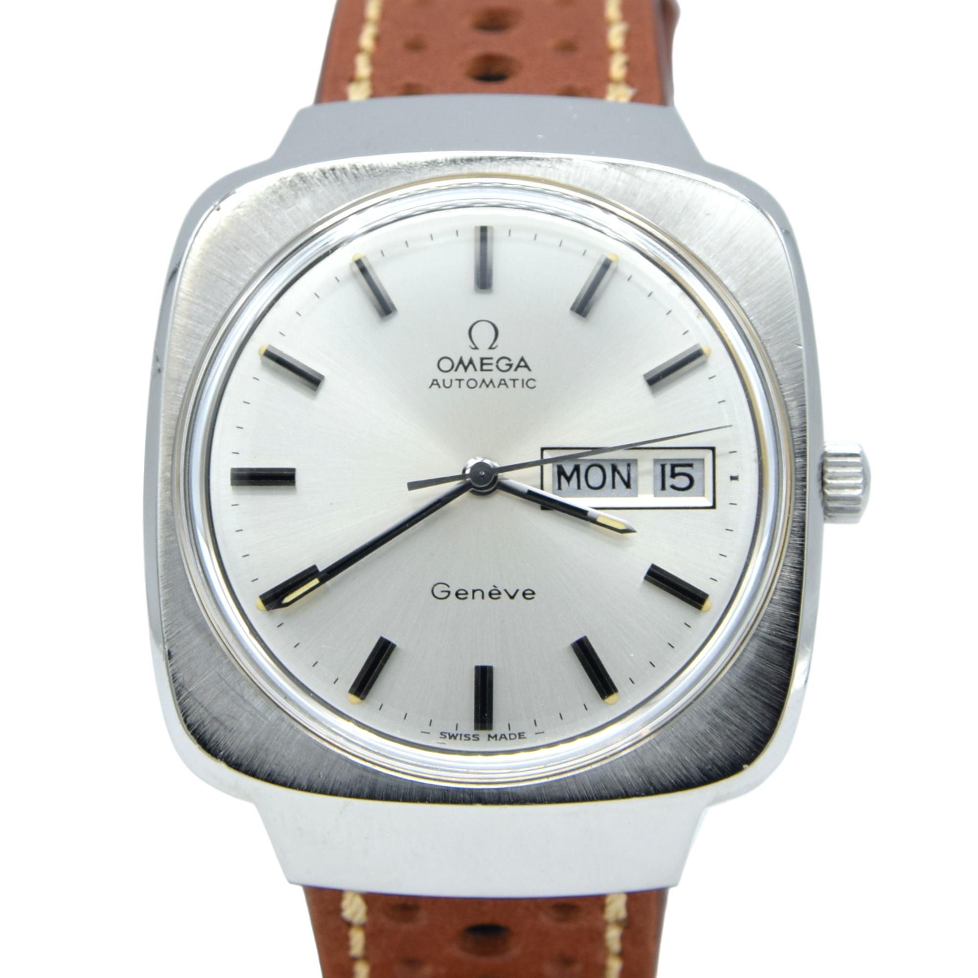 1975 Omega Genève Automatic Large Day/Date Model 166.0170 with Silvered Dial in Stainless Steel with Hooded Lugs