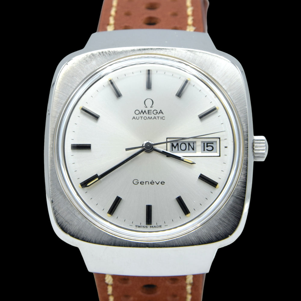 1975 Omega Genève Automatic Large Day/Date Model 166.0170 with Silvered Dial in Stainless Steel with Hooded Lugs