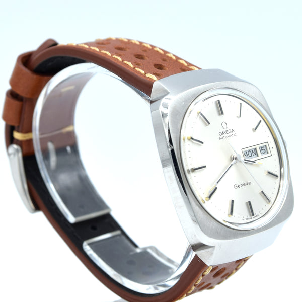 1975 Omega Genève Automatic Large Day/Date Model 166.0170 with Silvered Dial in Stainless Steel with Hooded Lugs