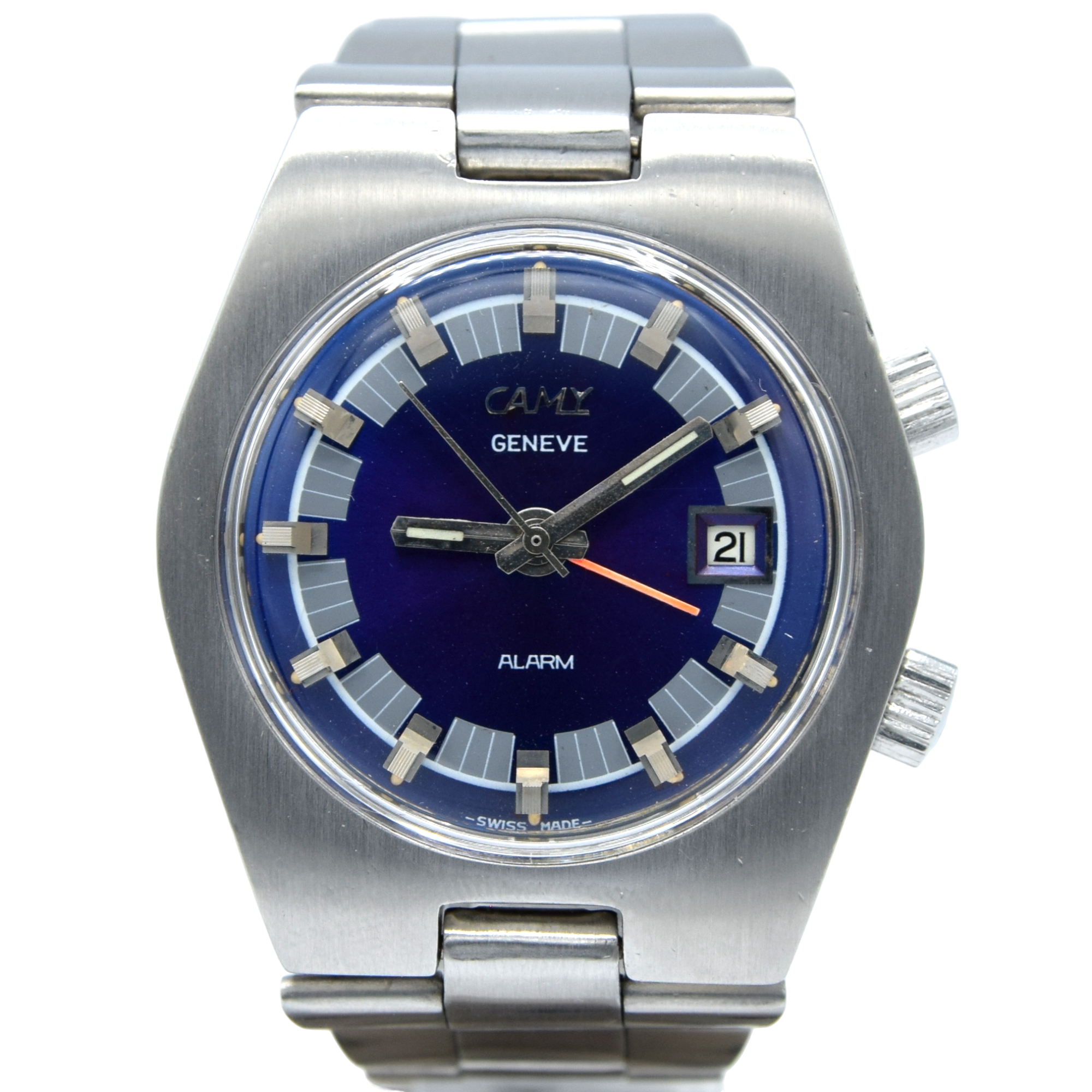 1970s Camy Geneve Alarm Date Model 7809 with Blue Dial in Stainless Steel on Bracelet