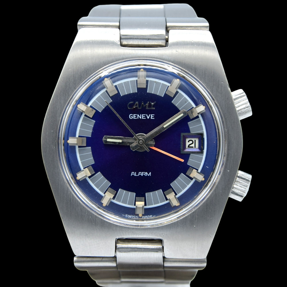 1970s Camy Geneve Alarm Date Model 7809 with Blue Dial in Stainless Steel on Bracelet