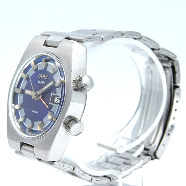 1970s Camy Geneve Alarm Date Model 7809 with Blue Dial in Stainless Steel on Bracelet