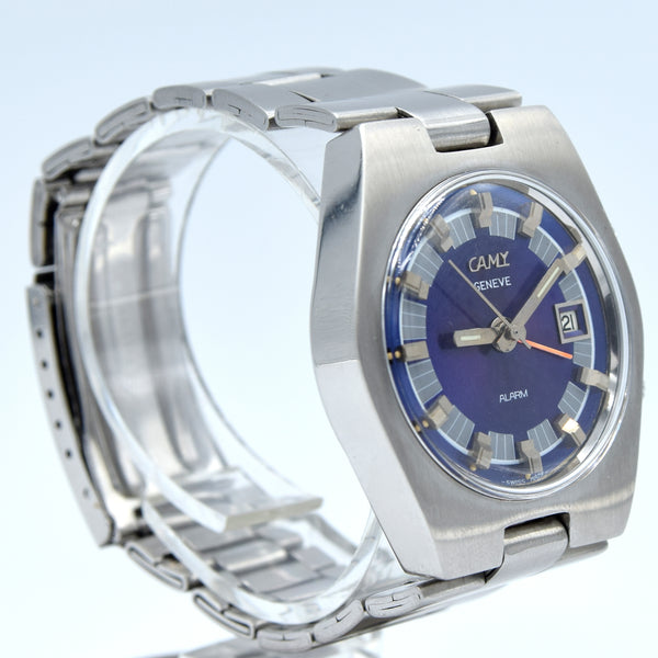1970s Camy Geneve Alarm Date Model 7809 with Blue Dial in Stainless Steel on Bracelet