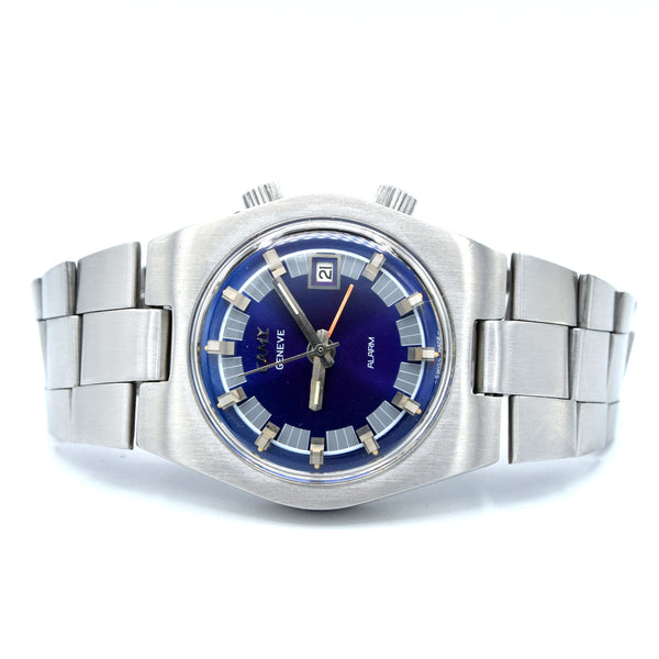 1970s Camy Geneve Alarm Date Model 7809 with Blue Dial in Stainless Steel on Bracelet