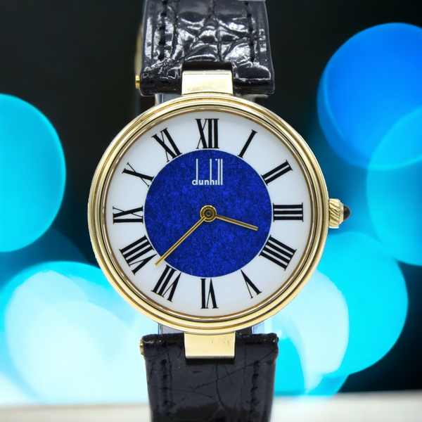 1980 Alfred Dunhill silver 925 sterling 'Blue Bulls eye' swiss quartz dress Wristwatch with strap - buckle - box