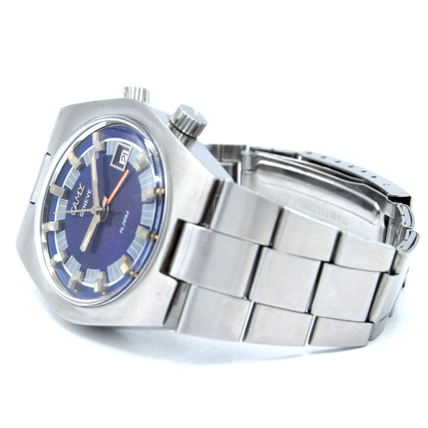 1970s Camy Geneve Alarm Date Model 7809 with Blue Dial in Stainless Steel on Bracelet