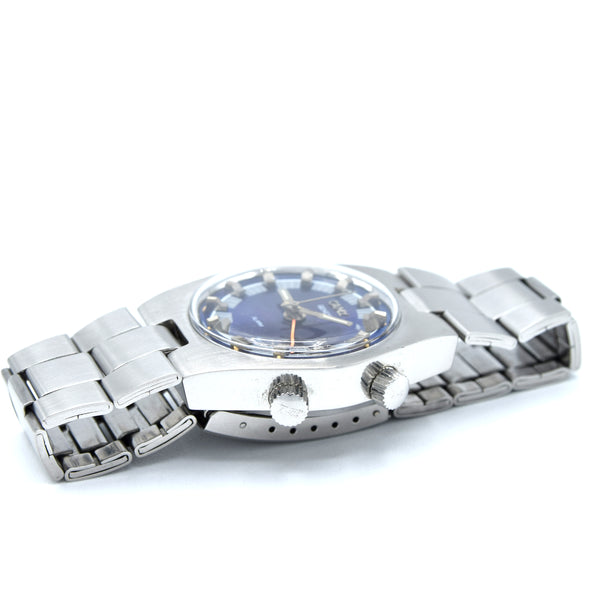 1970s Camy Geneve Alarm Date Model 7809 with Blue Dial in Stainless Steel on Bracelet