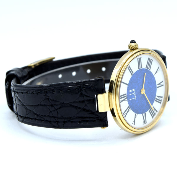 1980 Alfred Dunhill silver 925 sterling 'Blue Bulls eye' swiss quartz dress Wristwatch with strap - buckle - box
