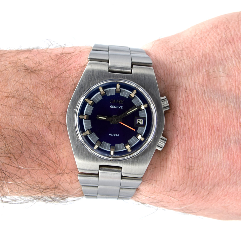 1970s Camy Geneve Alarm Date Model 7809 with Blue Dial in Stainless Steel on Bracelet