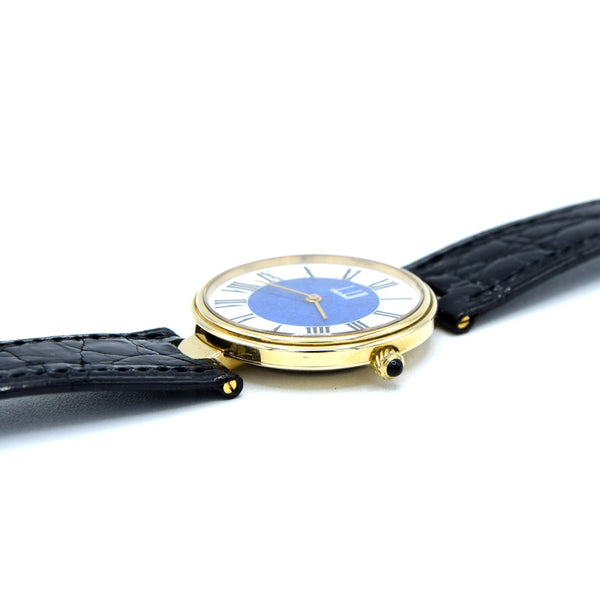 1980 Alfred Dunhill silver 925 sterling 'Blue Bulls eye' swiss quartz dress Wristwatch with strap - buckle - box