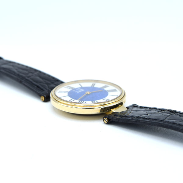 1980 Alfred Dunhill silver 925 sterling 'Blue Bulls eye' swiss quartz dress Wristwatch with strap - buckle - box