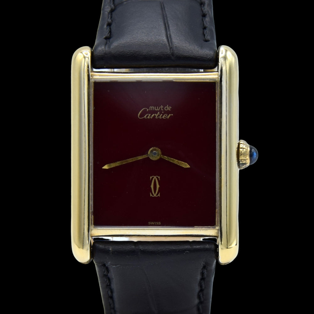 1970s Cartier Tank Mechanical Manual Wind with Gloss Burgundy Dial in 925 case with buckle