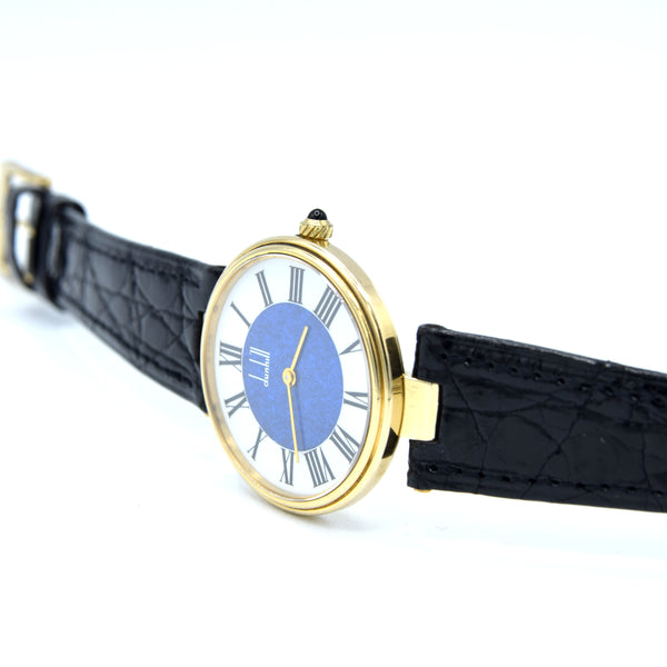 1980 Alfred Dunhill silver 925 sterling 'Blue Bulls eye' swiss quartz dress Wristwatch with strap - buckle - box