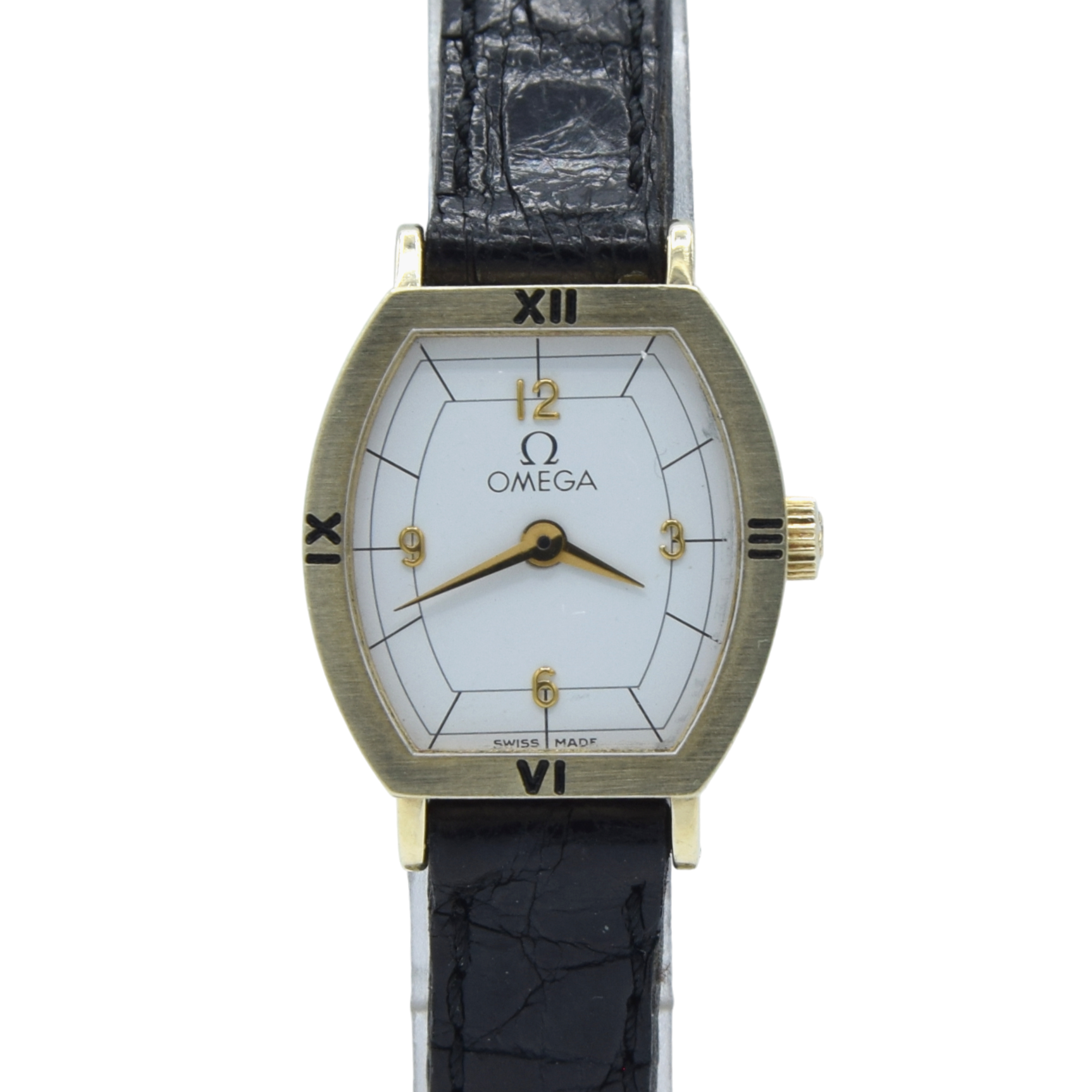1984 Ladies Omega petite Tonneau wristwatch in Solid 9ct Gold with strap - Buckle - Box