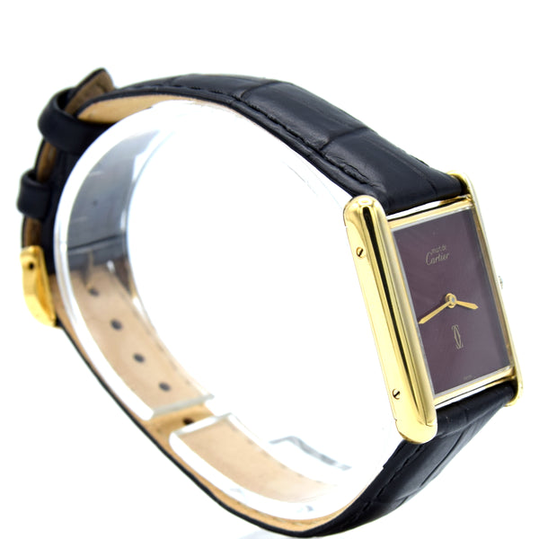 1970s Cartier Tank Mechanical Manual Wind with Gloss Burgundy Dial in 925 case with buckle