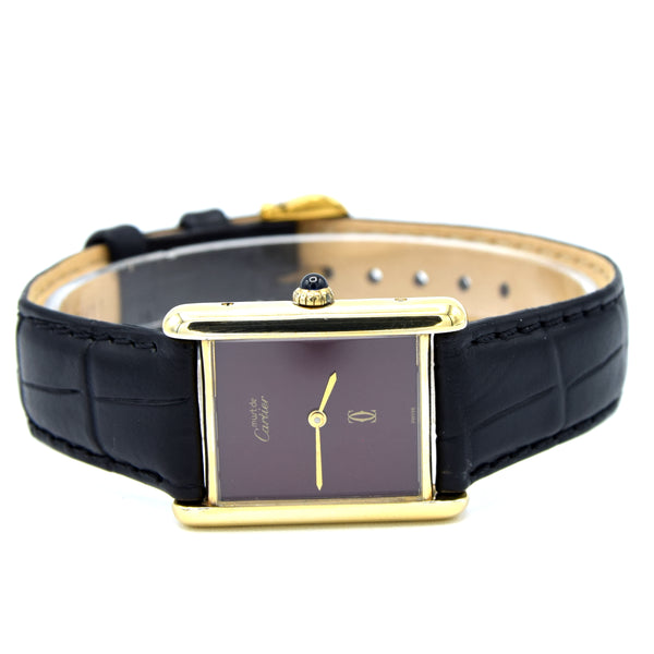 1970s Cartier Tank Mechanical Manual Wind with Gloss Burgundy Dial in 925 case with buckle