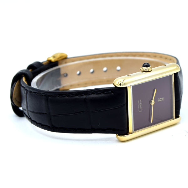 1970s Cartier Tank Mechanical Manual Wind with Gloss Burgundy Dial in 925 case with buckle