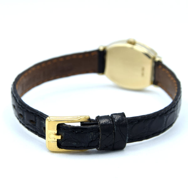 1984 Ladies Omega petite Tonneau wristwatch in Solid 9ct Gold with strap - Buckle - Box