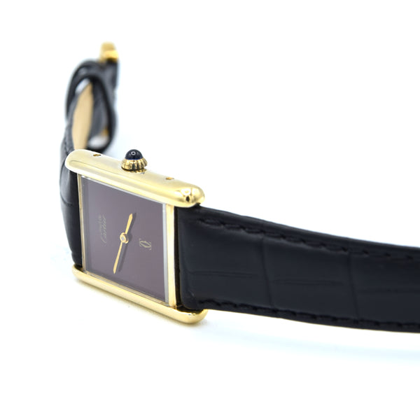 1970s Cartier Tank Mechanical Manual Wind with Gloss Burgundy Dial in 925 case with buckle