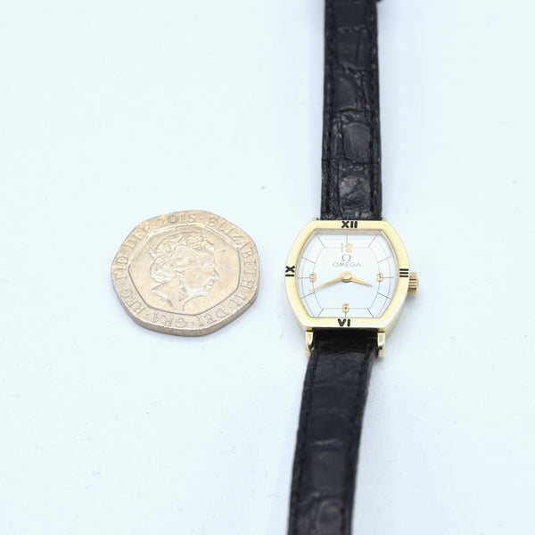 1984 Ladies Omega petite Tonneau wristwatch in Solid 9ct Gold with strap - Buckle - Box