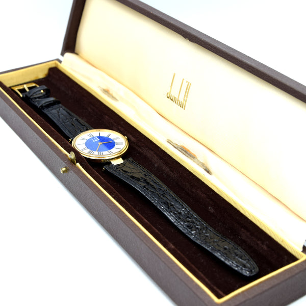 1980 Alfred Dunhill silver 925 sterling 'Blue Bulls eye' swiss quartz dress Wristwatch with strap - buckle - box