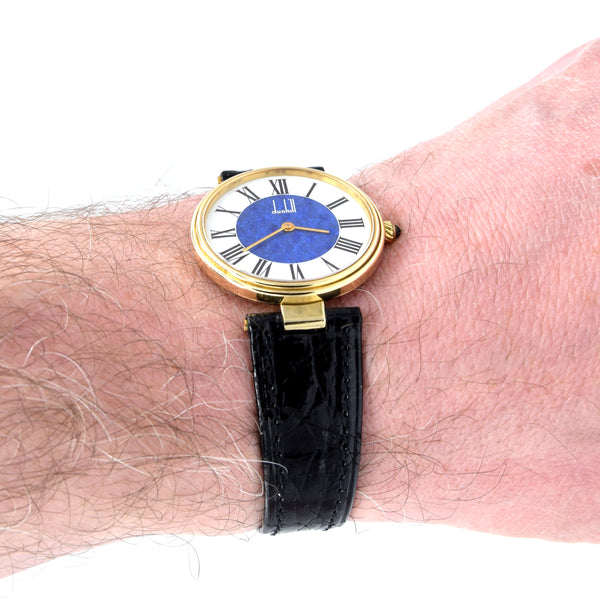 1980 Alfred Dunhill silver 925 sterling 'Blue Bulls eye' swiss quartz dress Wristwatch with strap - buckle - box