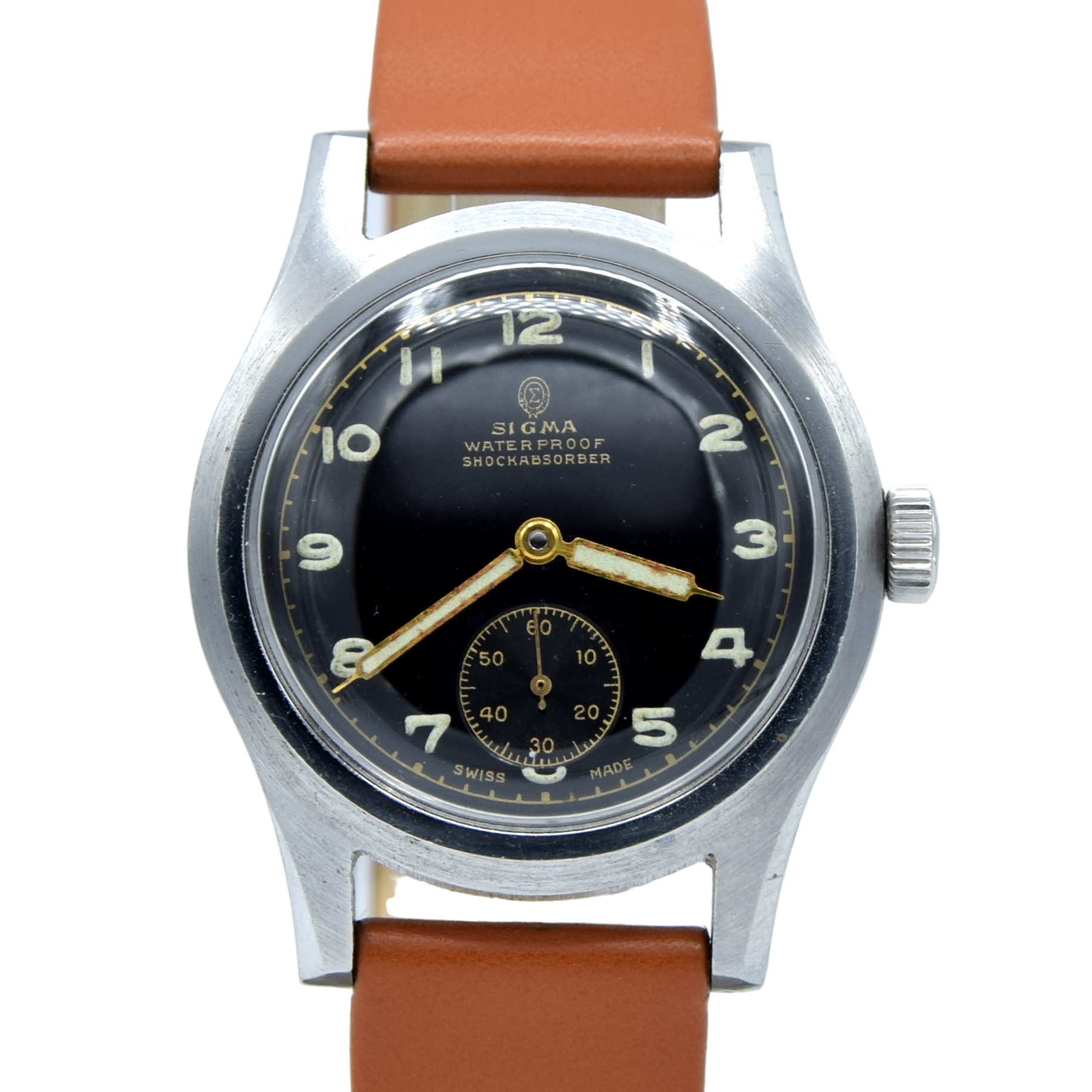 1940s Swiss Sigma military style wristwatch with stunning original gloss black Arabic dial