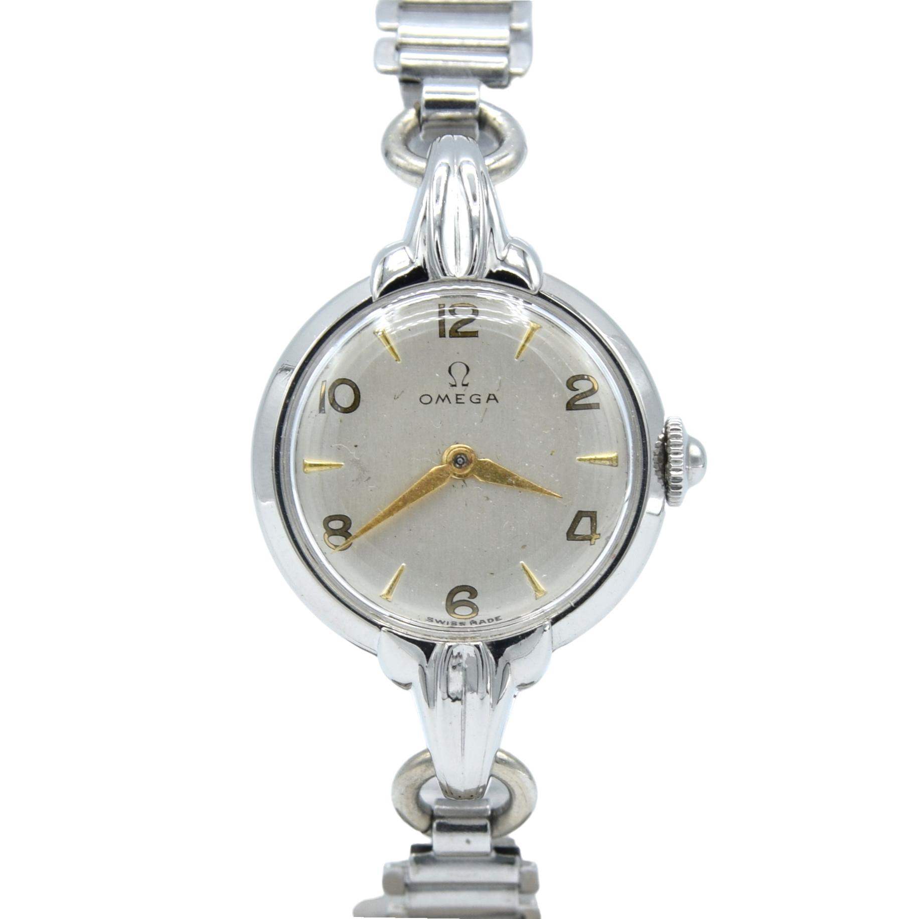 1947 Omega ladies cocktail watch model 2534-1 on period bonklip bracelet with original clam box