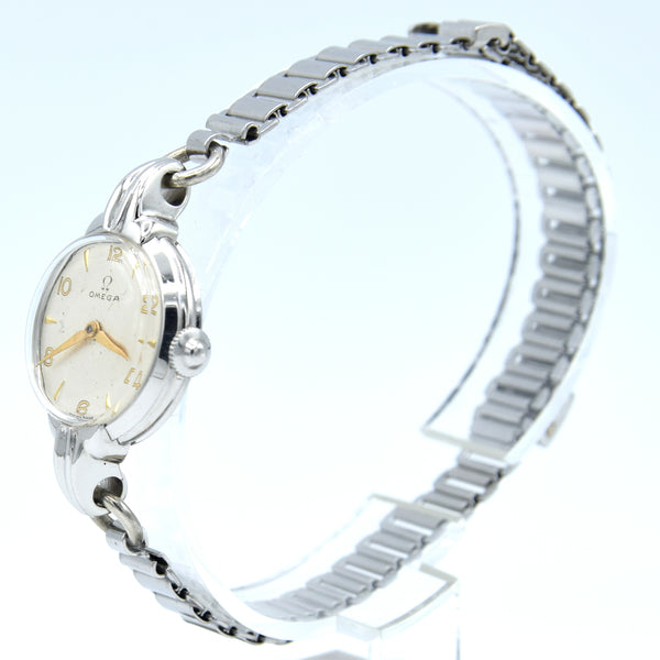 1947 Omega ladies cocktail watch model 2534-1 on period bonklip bracelet with original clam box