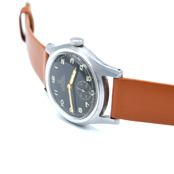 1940s Swiss Sigma military style wristwatch with stunning original gloss black Arabic dial