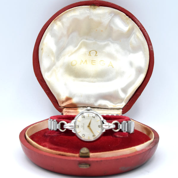 1947 Omega ladies cocktail watch model 2534-1 on period bonklip bracelet with original clam box