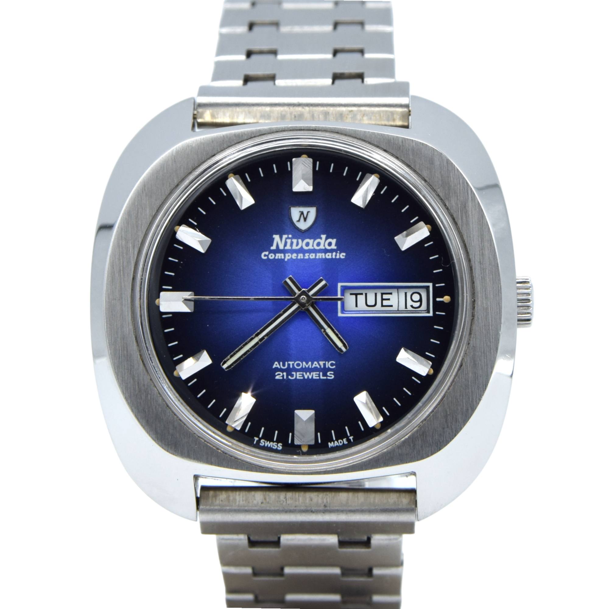 1970s Nivada Compensamatic Fumé blue Day Date automatic watch in Stainless Steel on Bracelet