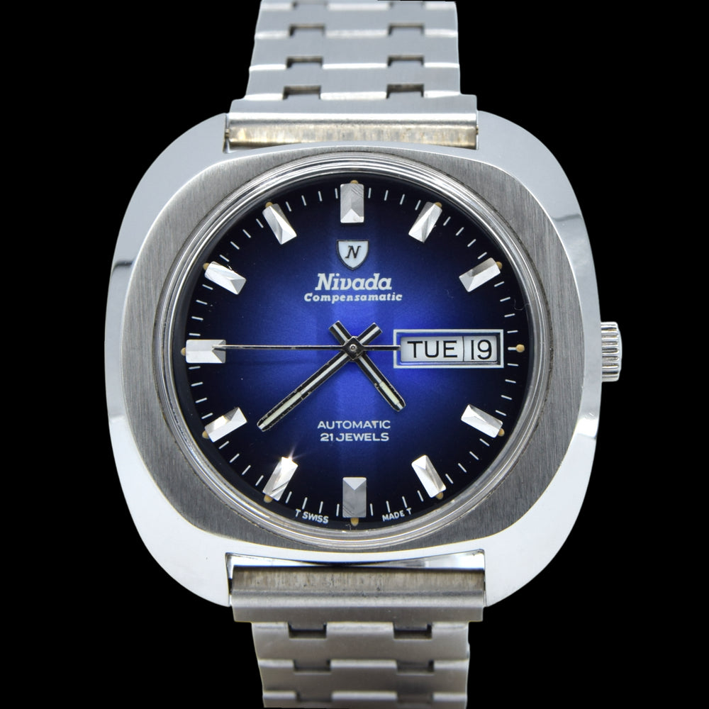 1970s Nivada Compensamatic Fumé blue Day Date automatic watch in Stainless Steel on Bracelet