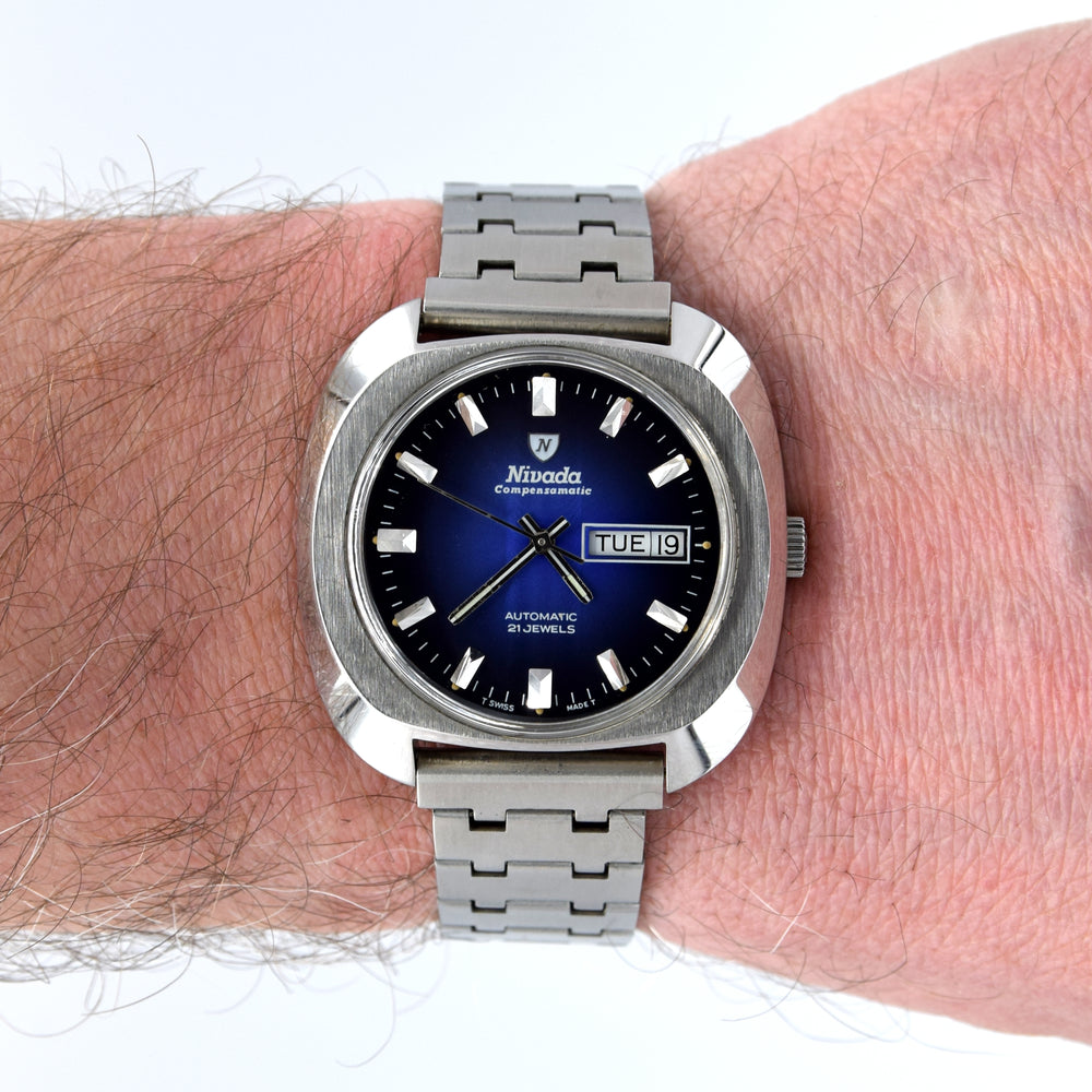 1970s Nivada Compensamatic Fumé blue Day Date automatic watch in Stainless Steel on Bracelet