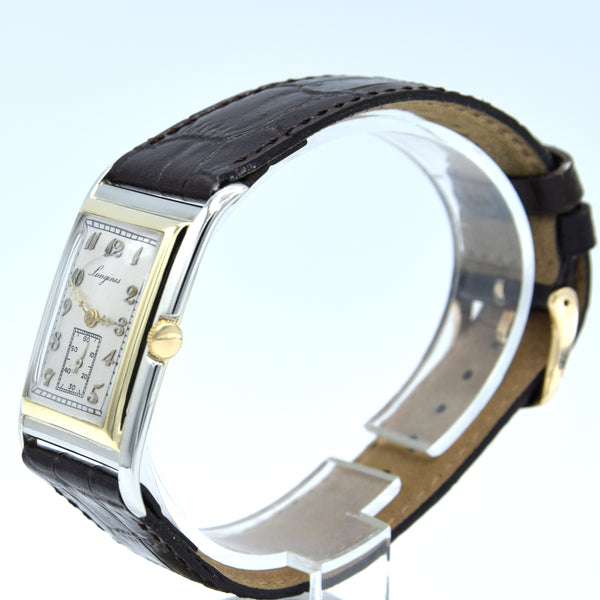 1928 Longines super rare and special Art Deco solid 18k two colour gold tank watch cal 8.28