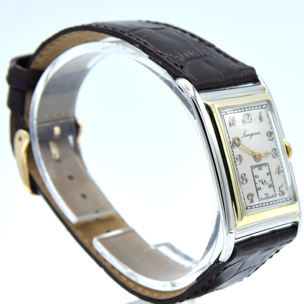 1928 Longines super rare and special Art Deco solid 18k two colour gold tank watch cal 8.28