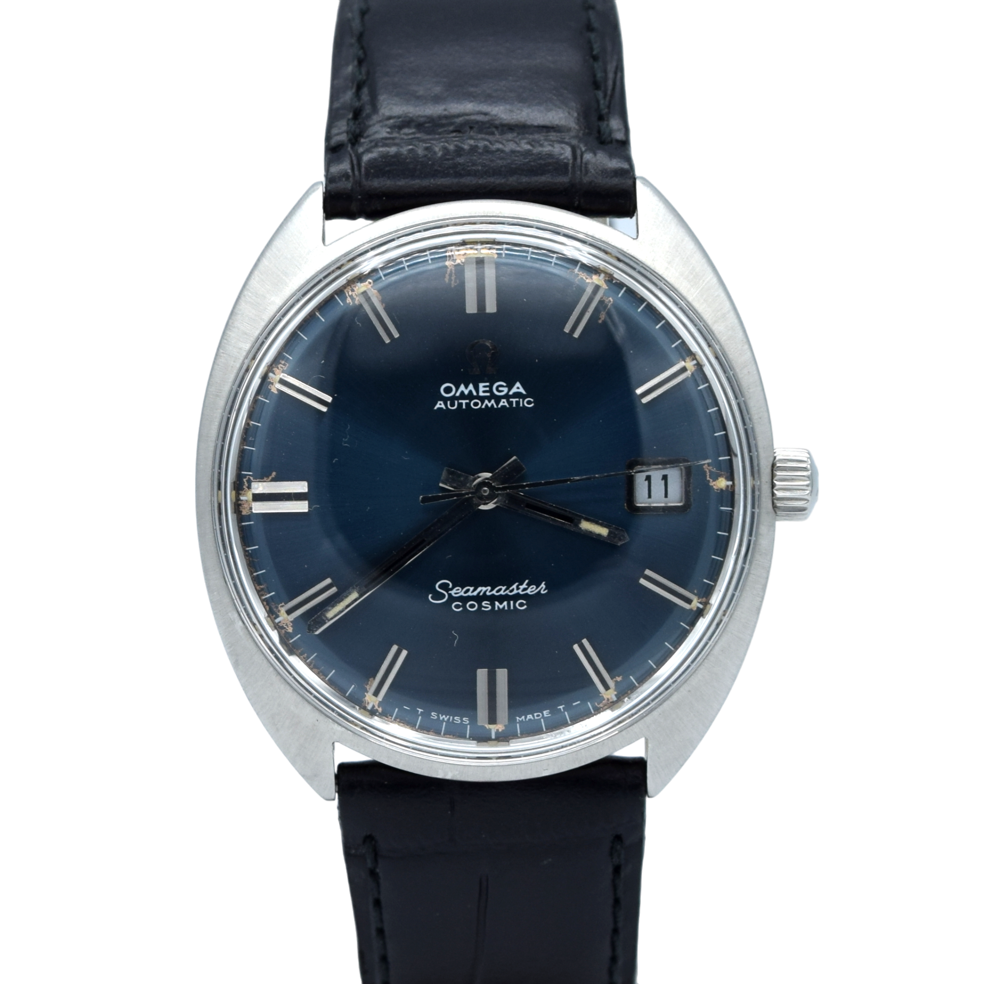 1969 Omega automatic cosmic date Model 166.02 in Stainless Steel Monocoque case with blue dial