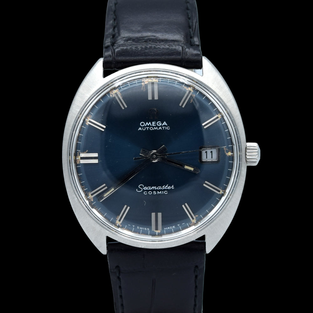 1969 Omega automatic cosmic date Model 166.026 in Stainless Steel Monocoque case with blue dial