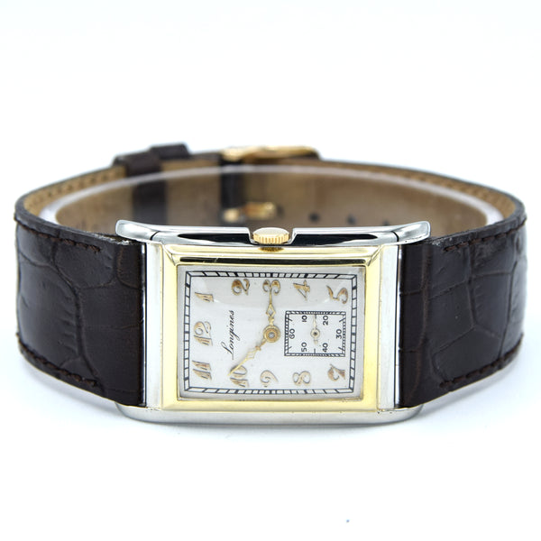 1928 Longines super rare and special Art Deco solid 18k two colour gold tank watch cal 8.28