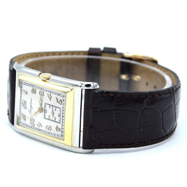 1928 Longines super rare and special Art Deco solid 18k two colour gold tank watch cal 8.28