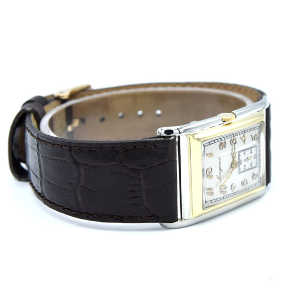 1928 Longines super rare and special Art Deco solid 18k two colour gold tank watch cal 8.28