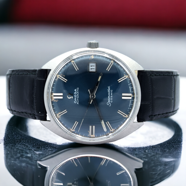 1969 Omega automatic cosmic date Model 166.026 in Stainless Steel Monocoque case with blue dial