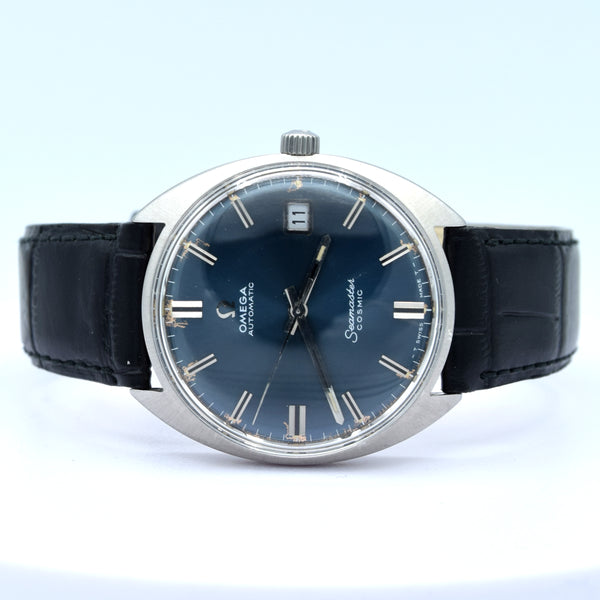 1969 Omega automatic cosmic date Model 166.026 in Stainless Steel Monocoque case with blue dial