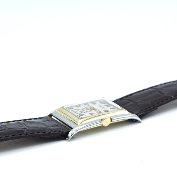 1928 Longines super rare and special Art Deco solid 18k two colour gold tank watch cal 8.28