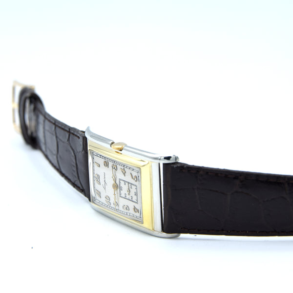 1928 Longines super rare and special Art Deco solid 18k two colour gold tank watch cal 8.28