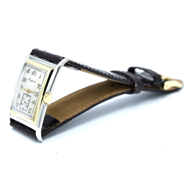 1928 Longines super rare and special Art Deco solid 18k two colour gold tank watch cal 8.28