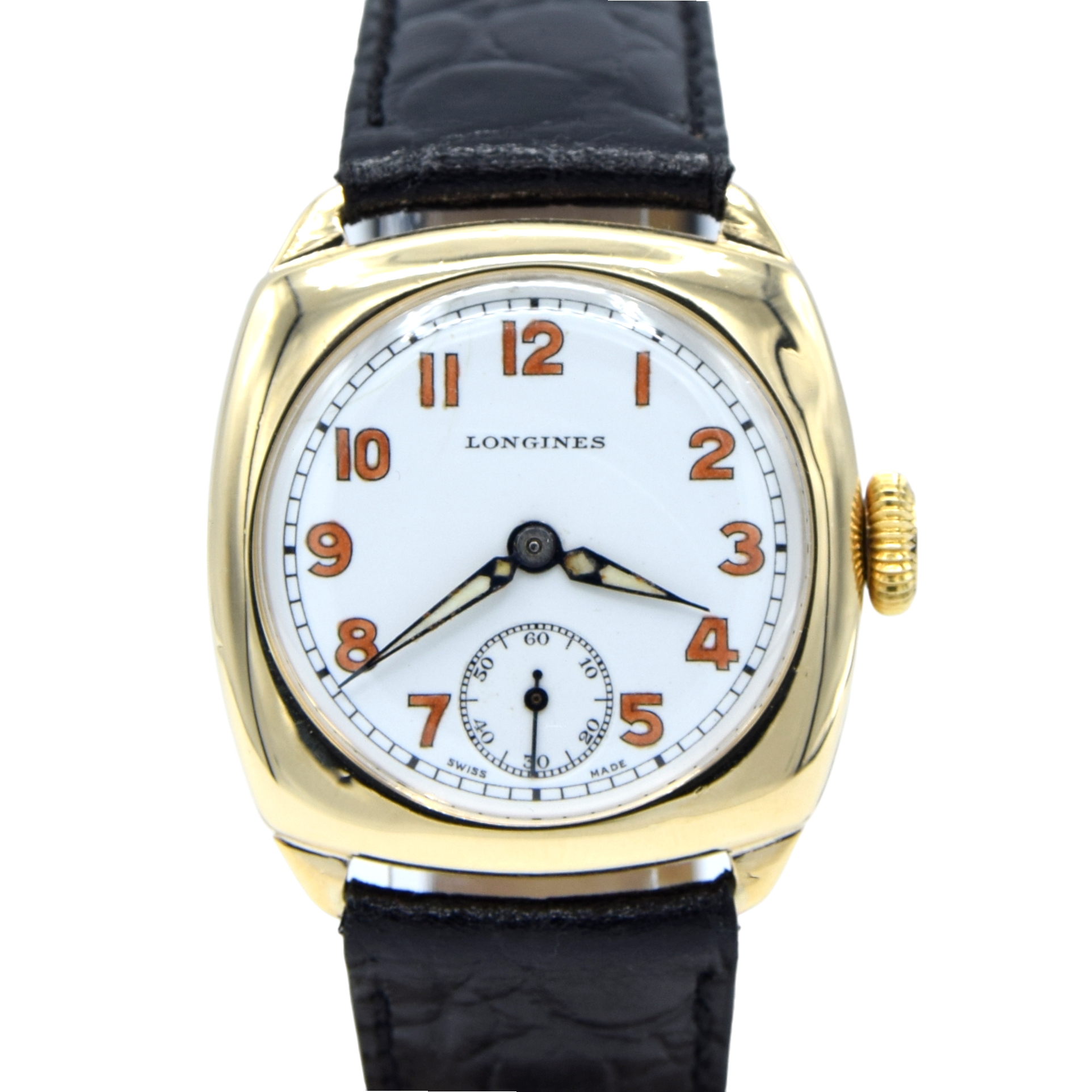 1942 Classic elegant Longines solid 9ct gold cushion Watch with Enamel Dial and Arabic Numerals